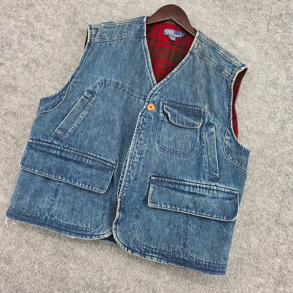 Polo Ralph Lauren Denim Vest Plaid Wool Lined Utility Workwear Blue XL Vintage